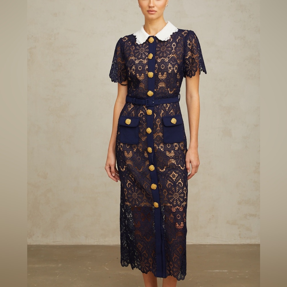 Self-Portrait navy floral guipure-lace midi dress